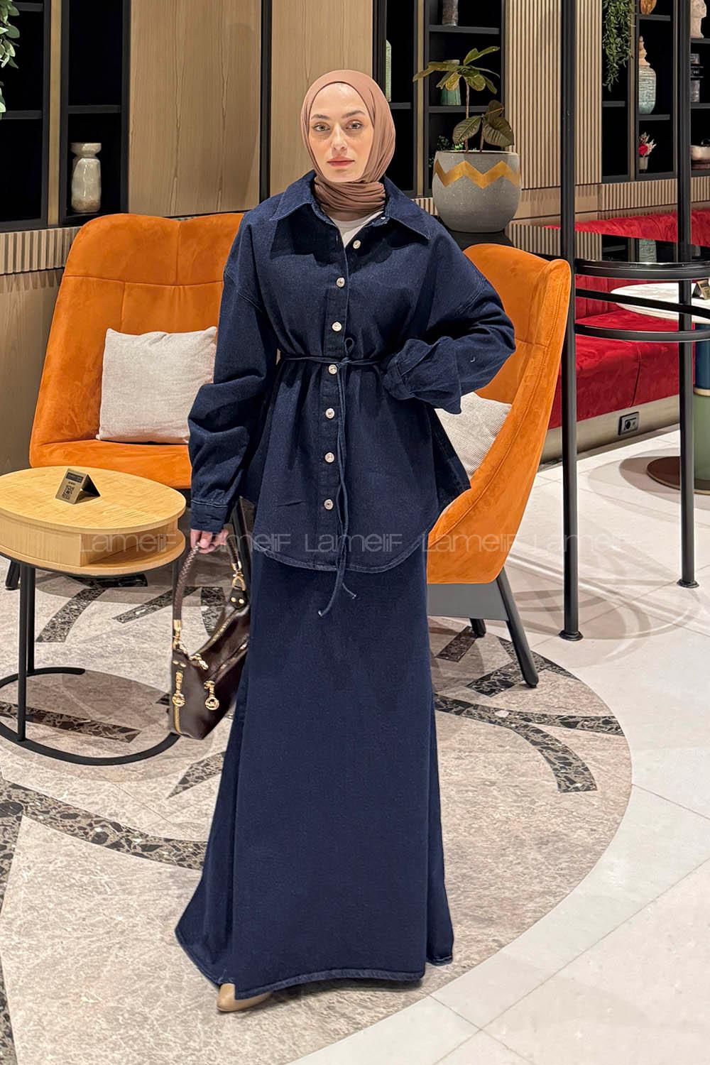 Lamelif Bağlama Detaylı Balık Model Kot Takım Koyu Mavi