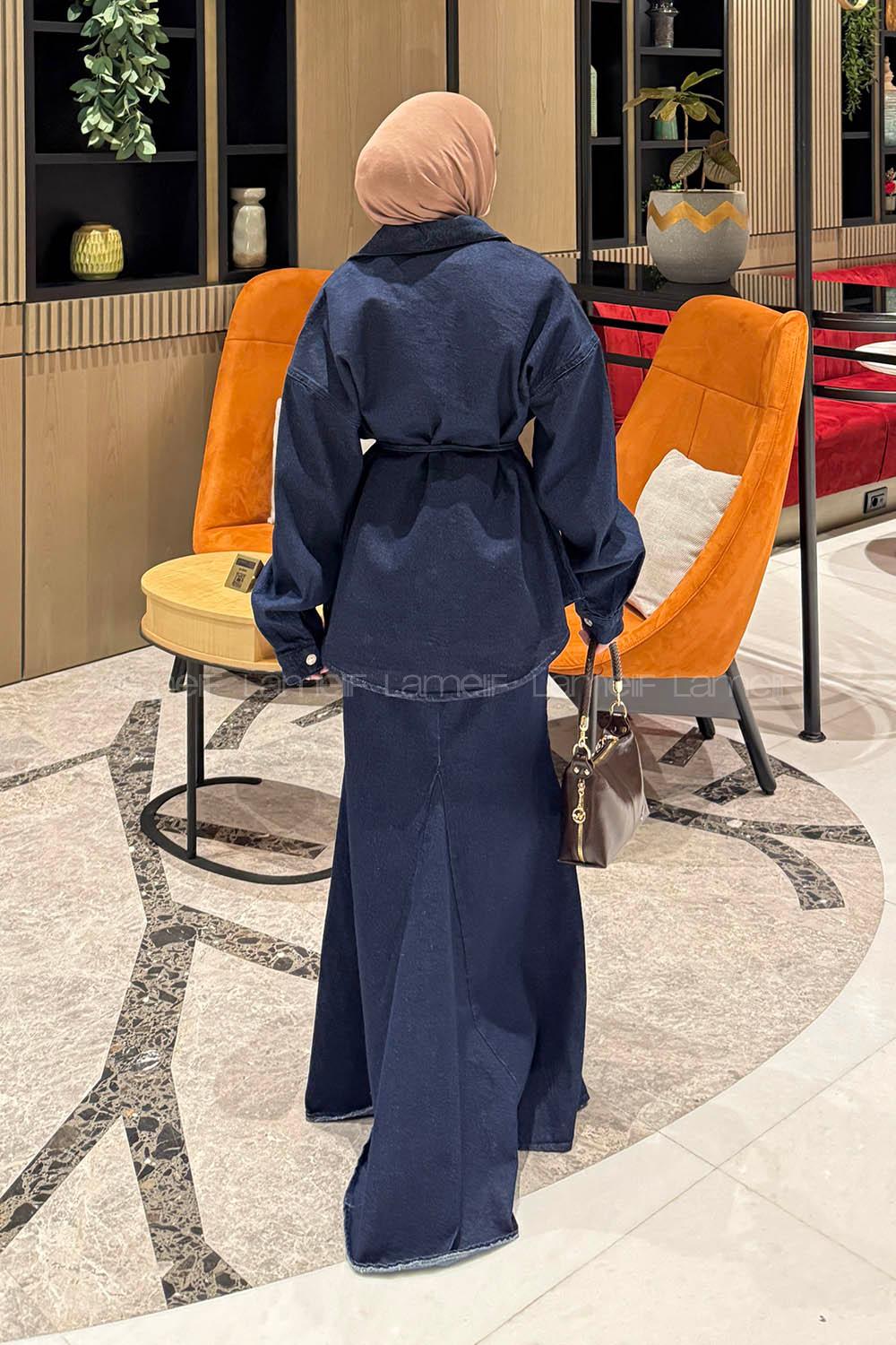 Lamelif Bağlama Detaylı Balık Model Kot Takım Koyu Mavi