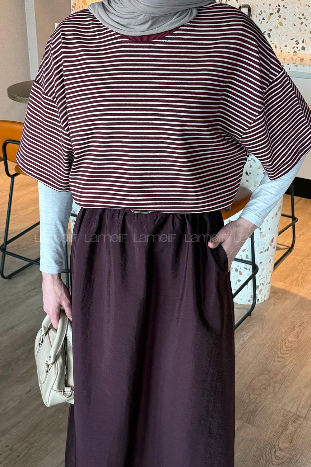 Lamelif Çizgili T-shirt Bordo