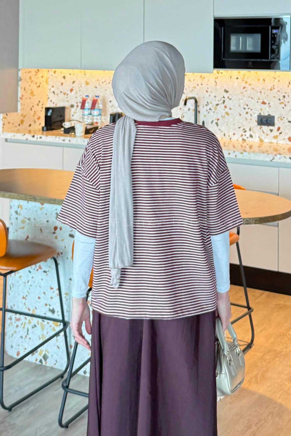 Lamelif Çizgili T-shirt Bordo