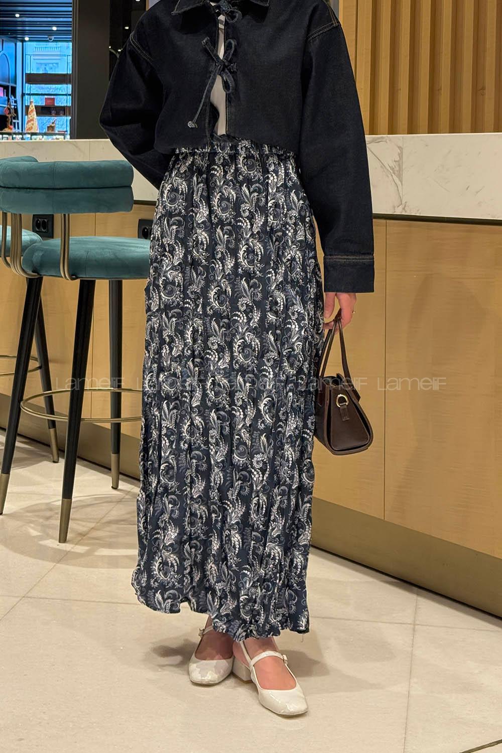 Lamelif Dijital Kraş Etek İndigo