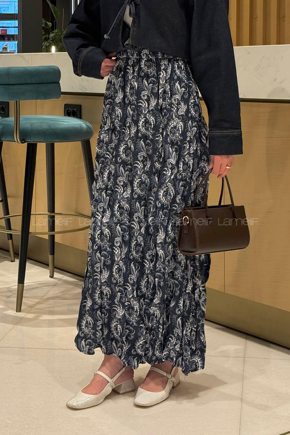 Lamelif Dijital Kraş Etek İndigo