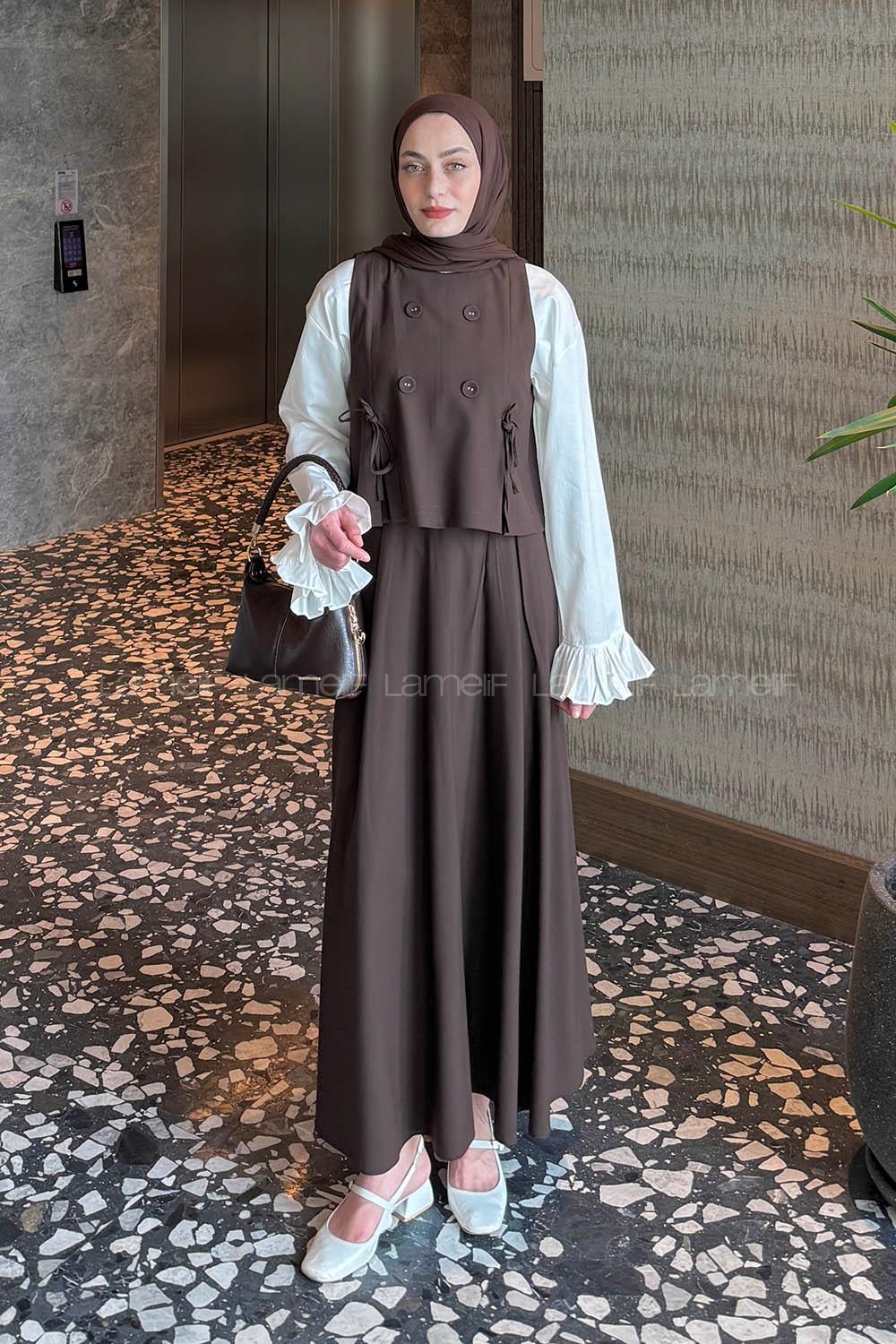 Lamelif Düğmeli Yelekli Takım Acı Kahve