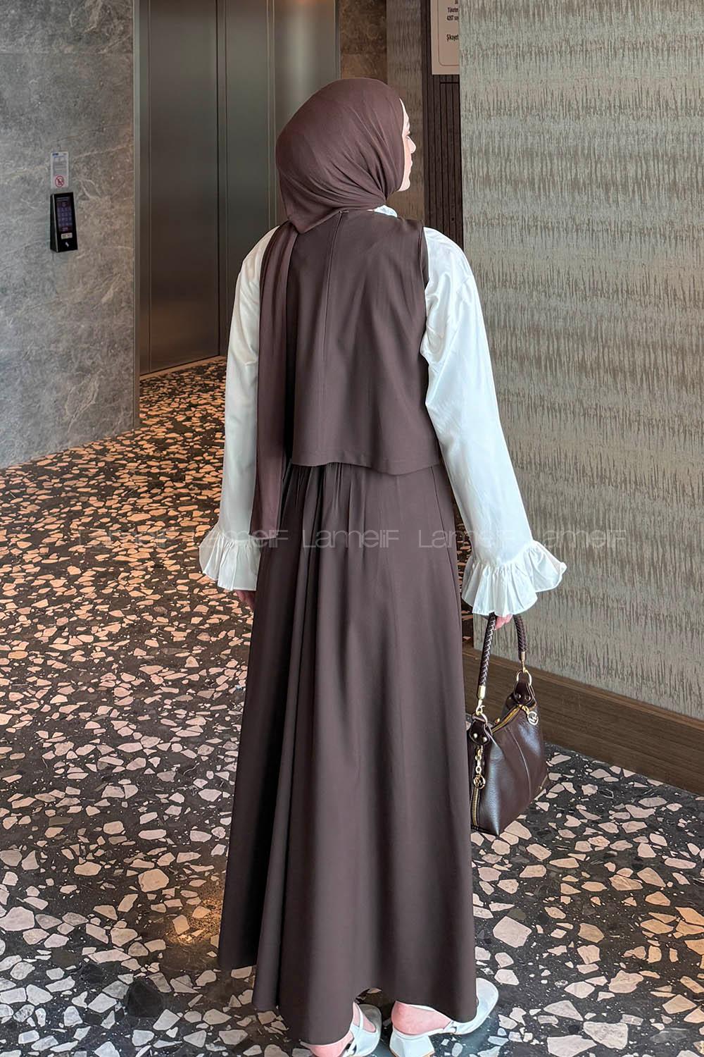 Lamelif Düğmeli Yelekli Takım Acı Kahve