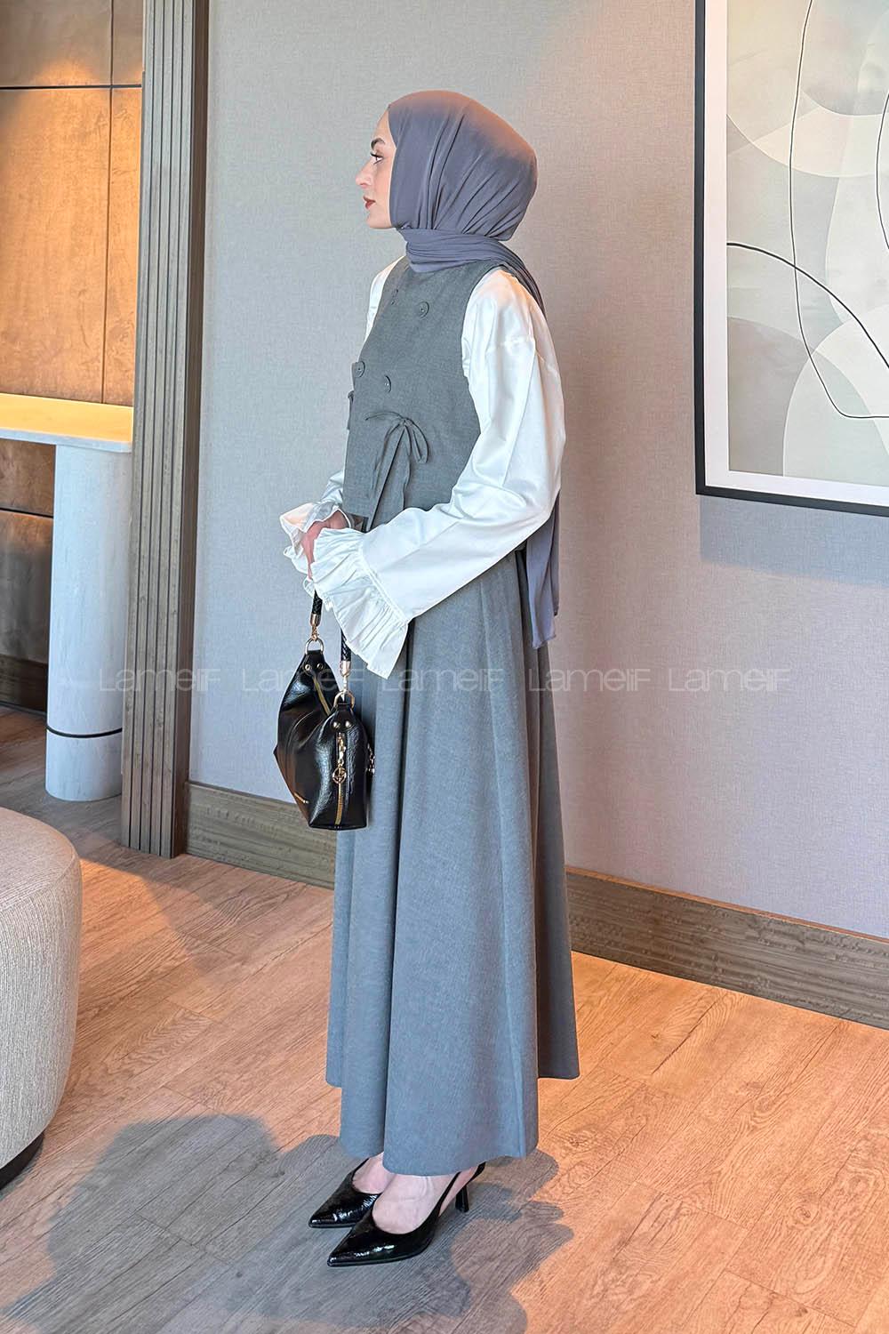 Lamelif Düğmeli Yelekli Takım Gri