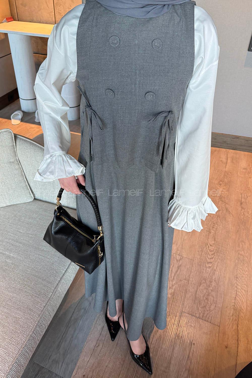 Lamelif Düğmeli Yelekli Takım Gri