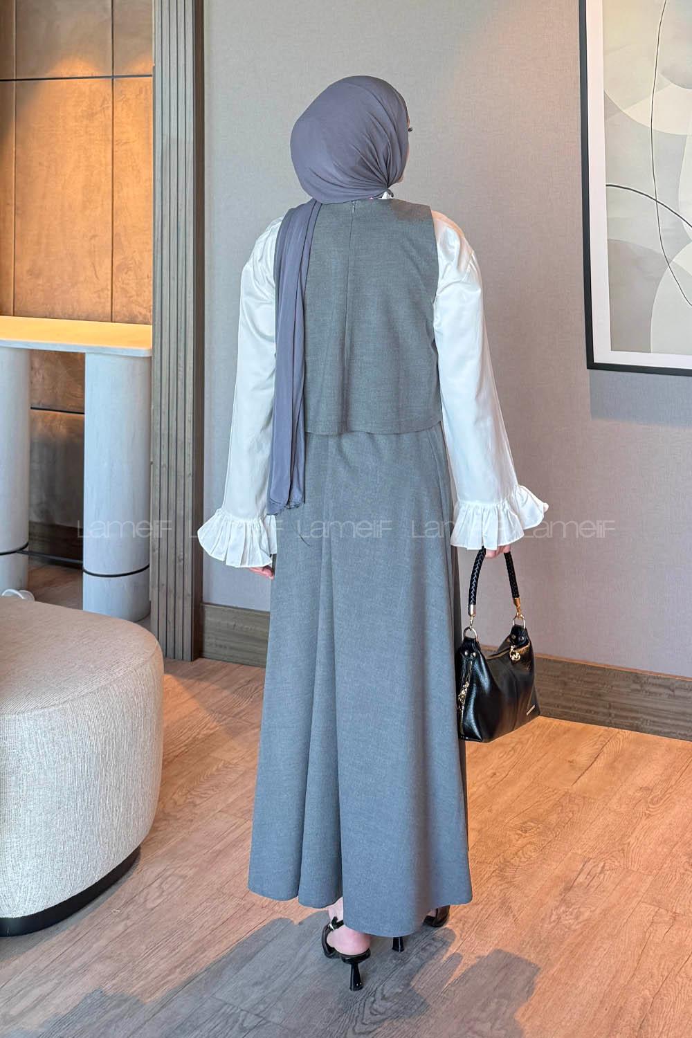 Lamelif Düğmeli Yelekli Takım Gri