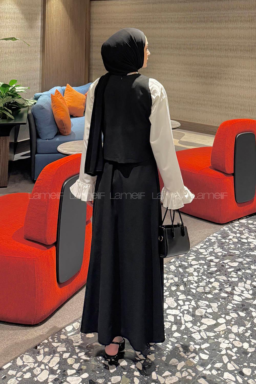 Lamelif Düğmeli Yelekli Takım Siyah