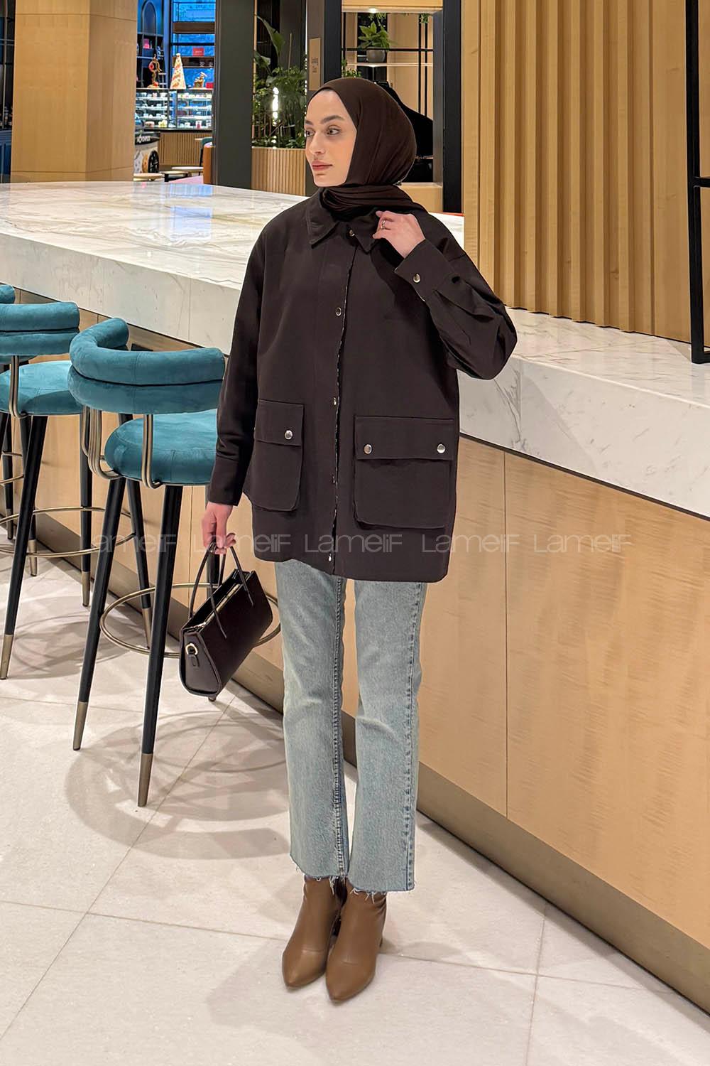 Lamelif Ekose Garnili Ceket Acı Kahve