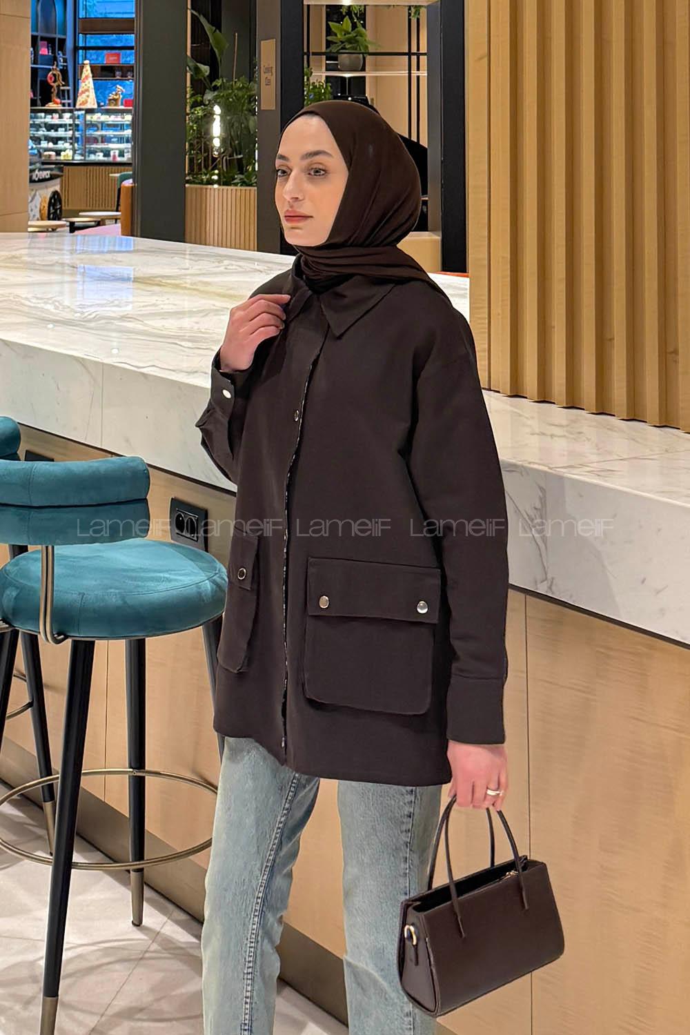 Lamelif Ekose Garnili Ceket Acı Kahve