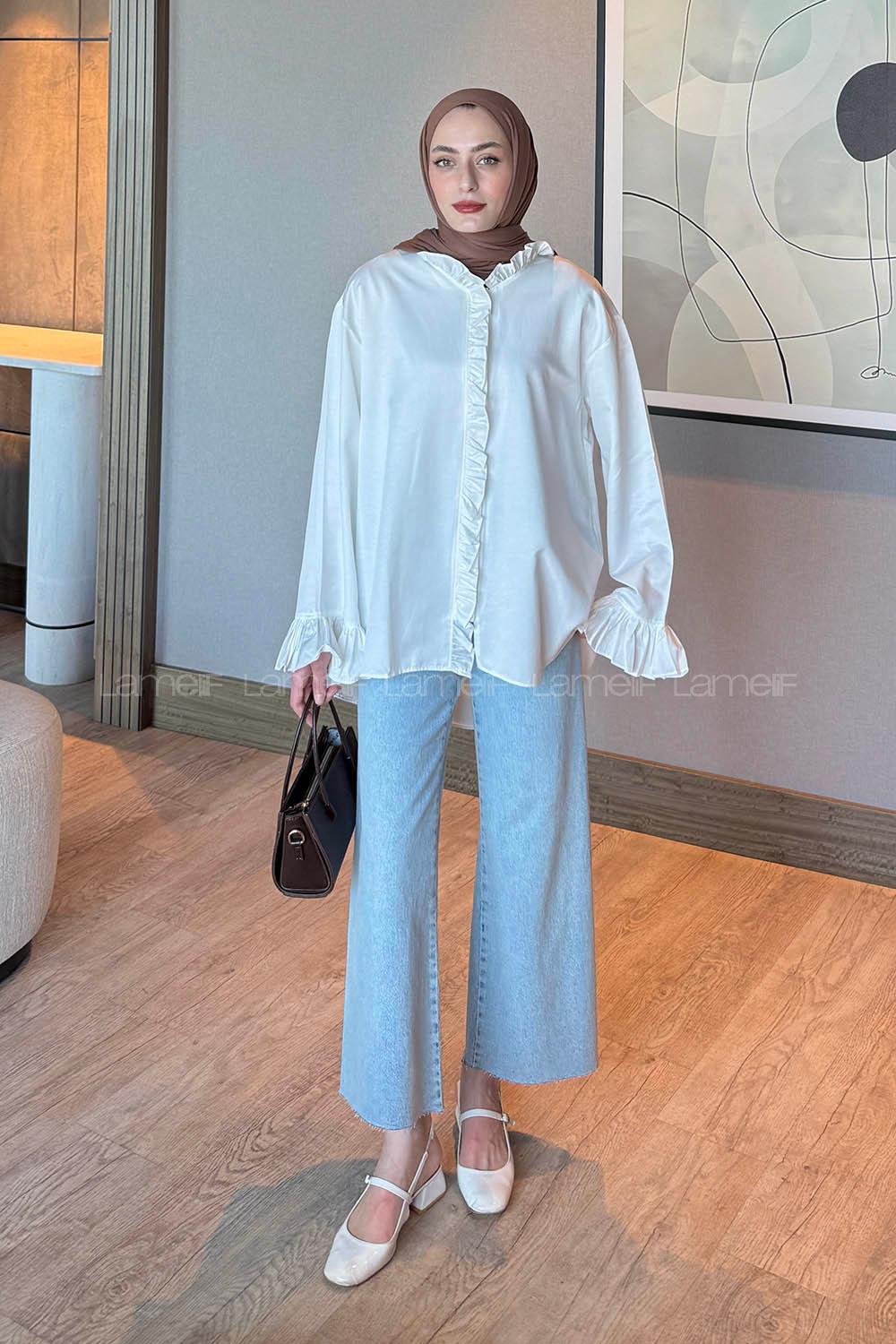 Lamelif Fırfırlı Gömlek Beyaz