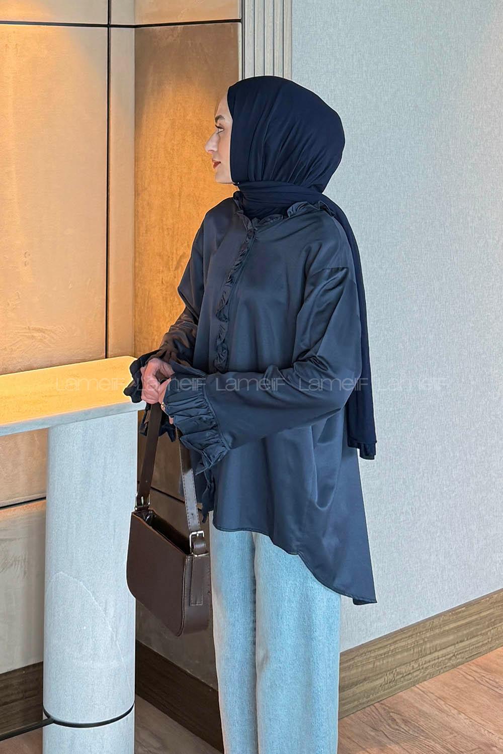 Lamelif Fırfırlı Gömlek Gece Mavisi