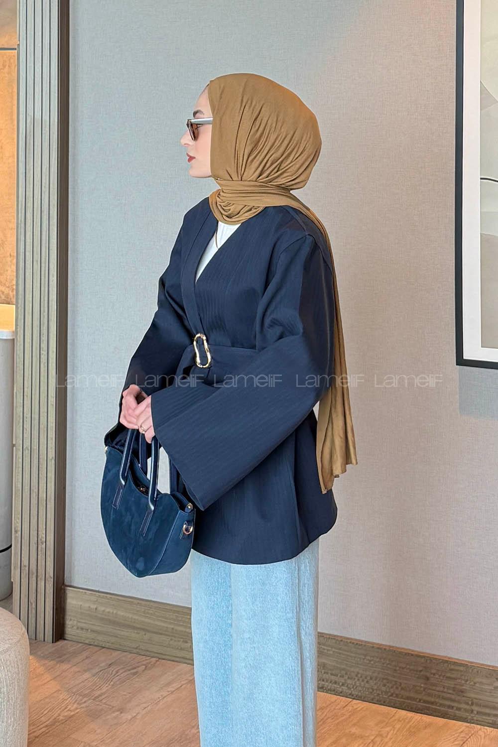 Lamelif Gold Kemerli Gabardin Ceket Lacivert