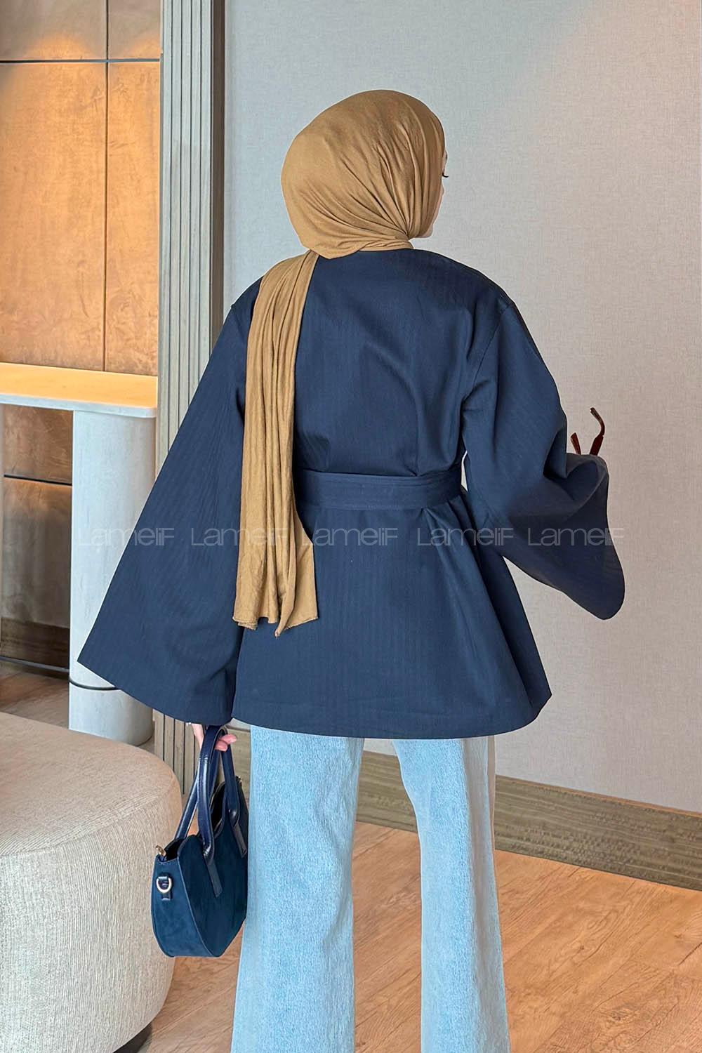 Lamelif Gold Kemerli Gabardin Ceket Lacivert