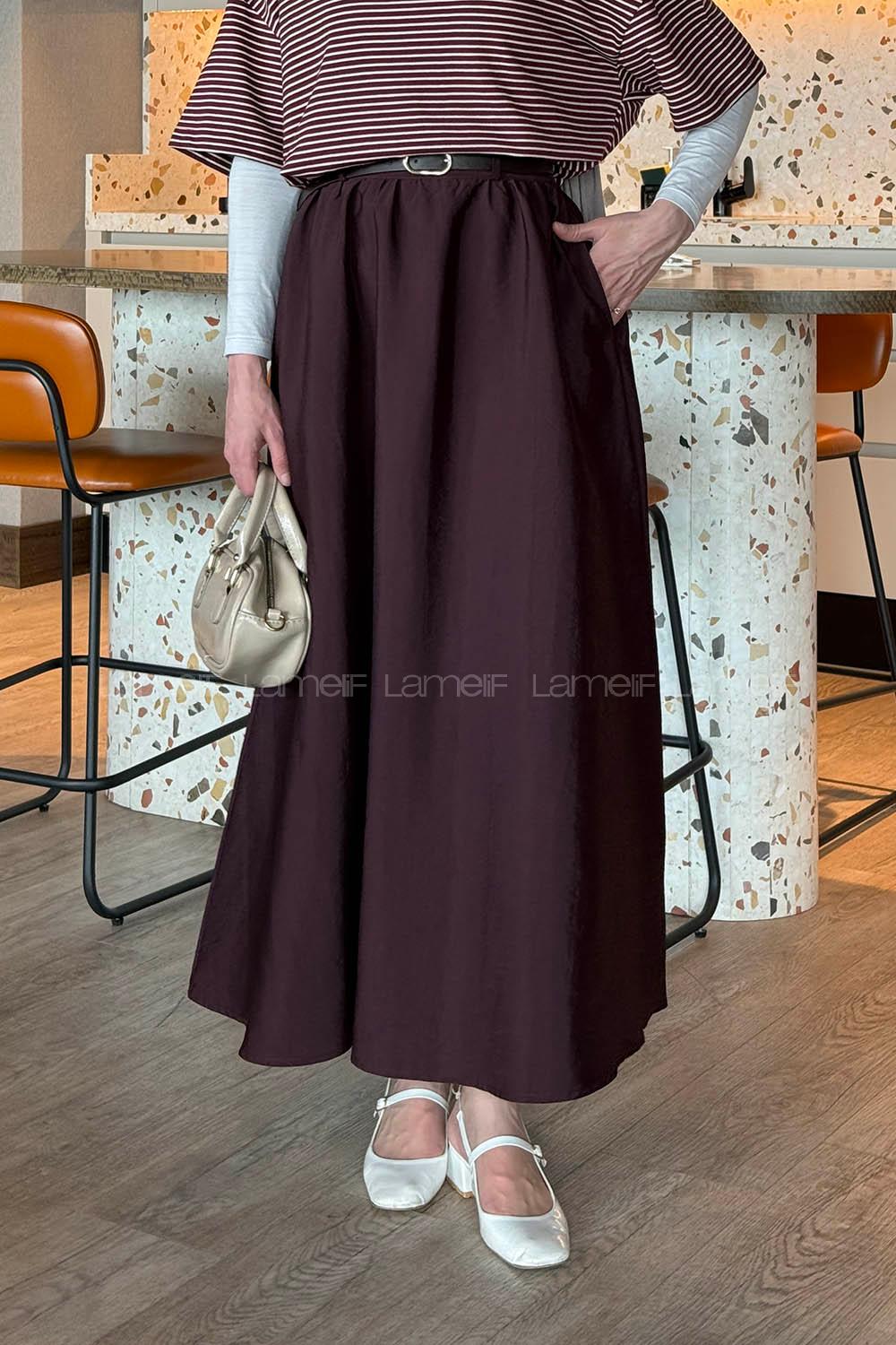 Lamelif Kemerli Kloş Etek Mürdüm