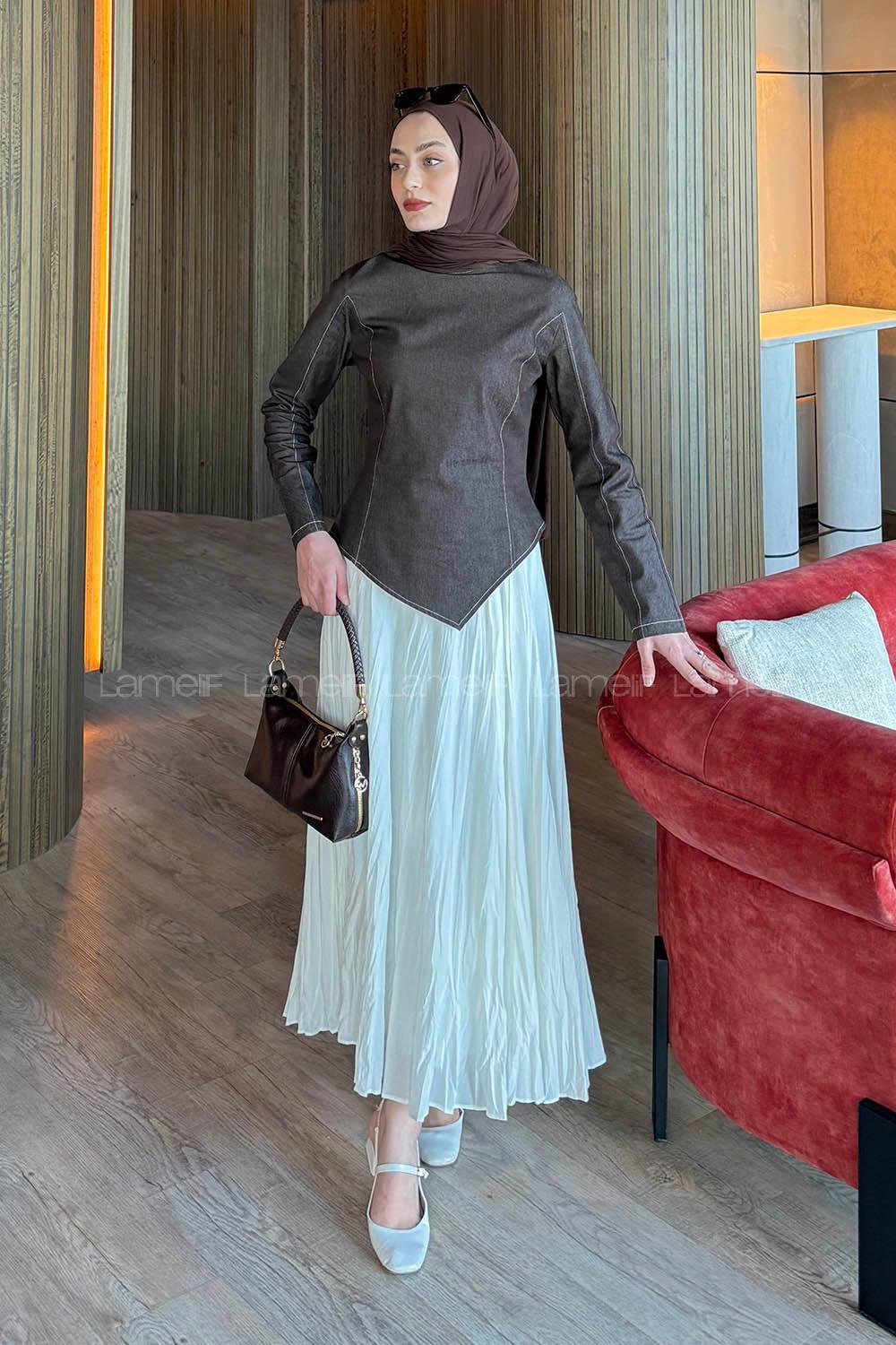 Lamelif Kot Bluz-Etek Takım Kahverengi