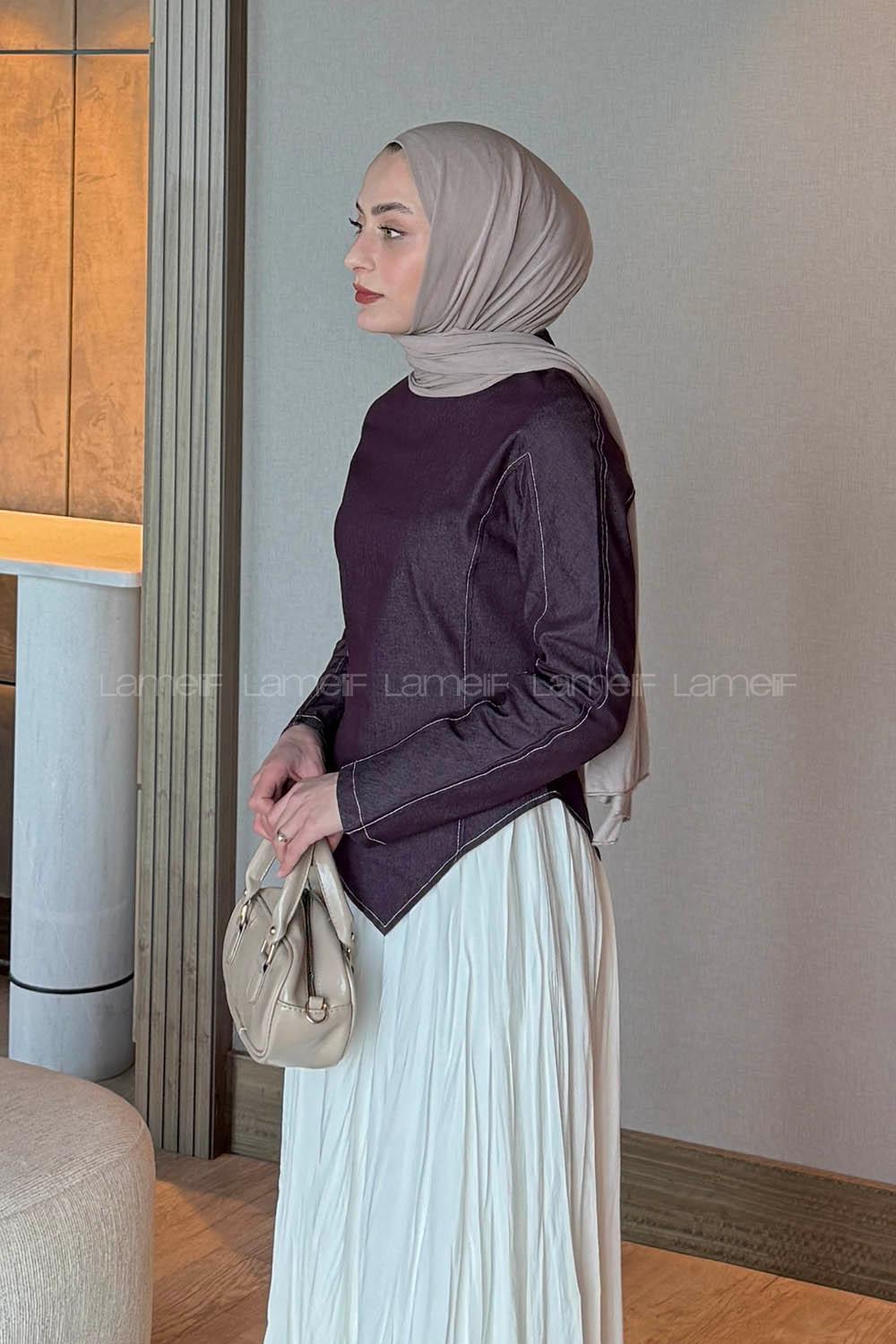 Lamelif Kot Bluz-Etek Takım Mor