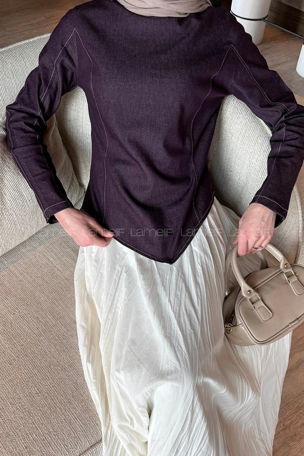 Lamelif Kot Bluz-Etek Takım Mor