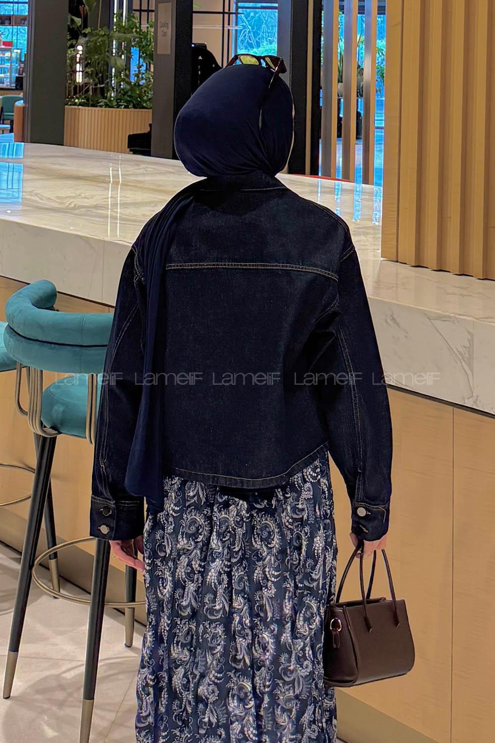 Lamelif Önü Bağlamalı Kot Ceket Koyu Mavi