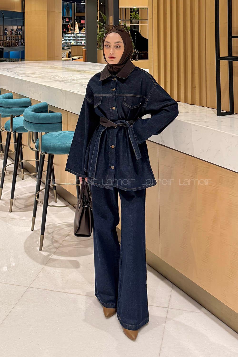 Lamelif Yaka Detaylı Kuşaklı Kot Takım Kot Mavisi