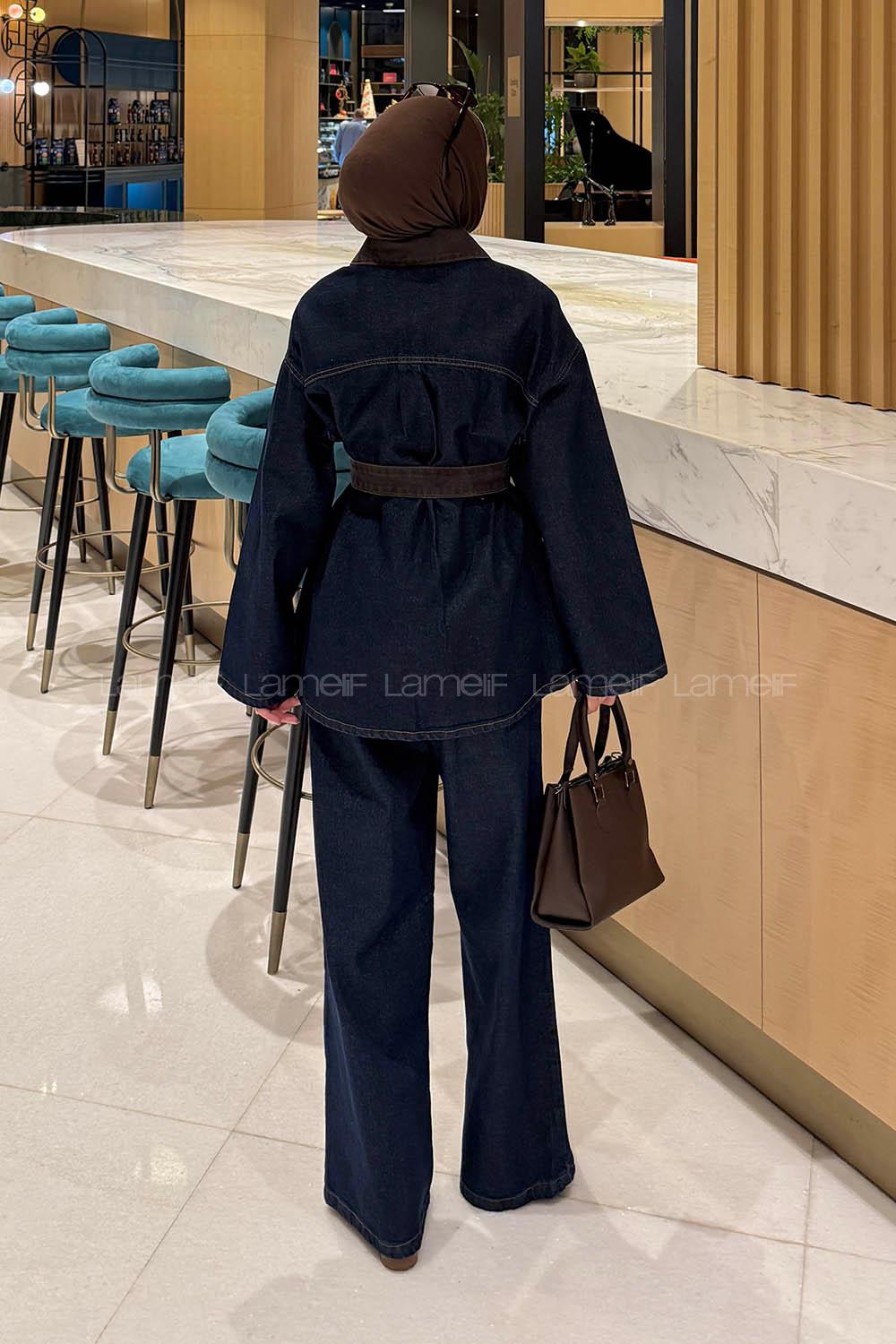 Lamelif Yaka Detaylı Kuşaklı Kot Takım Kot Mavisi