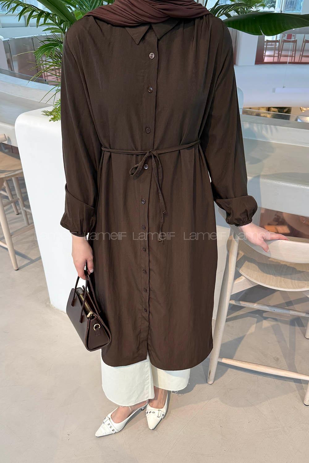 Lamelf Cupra Bağlama Detaylı Tunik Acı Kahve