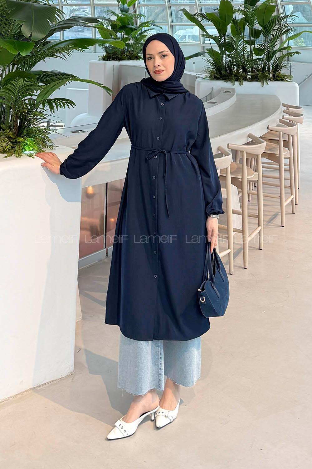 Lamelf Cupra Bağlama Detaylı Tunik Lacivert