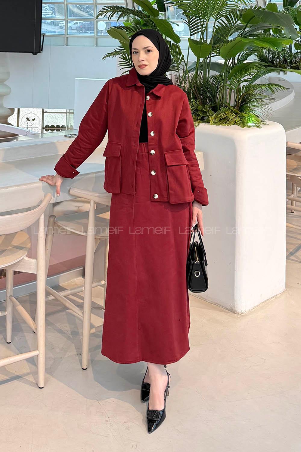 Lamelif Cep Detaylı İkili Etek  Tesettür Takım Bordo