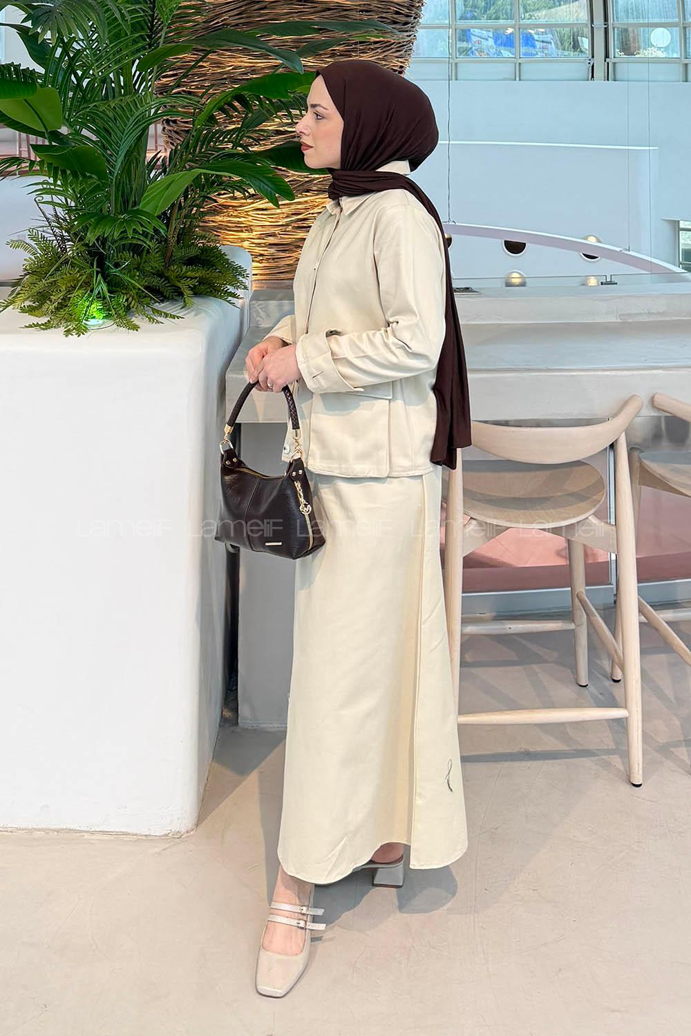 Lamelif Cep Detaylı İkili Etek  Tesettür Takım Krem