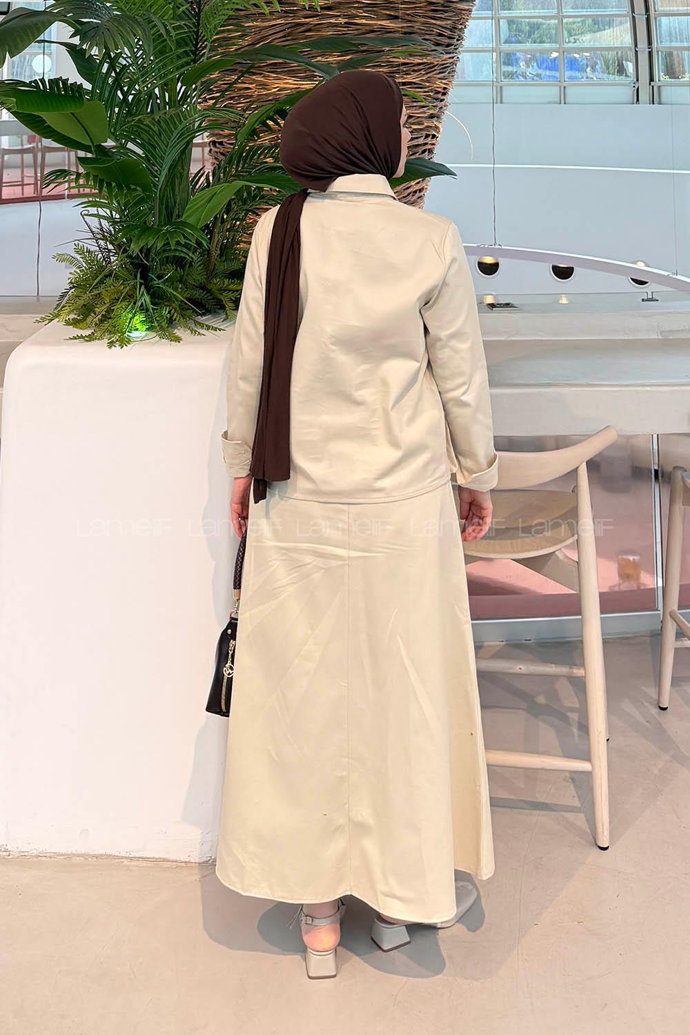 Lamelif Cep Detaylı İkili Etek  Tesettür Takım Krem