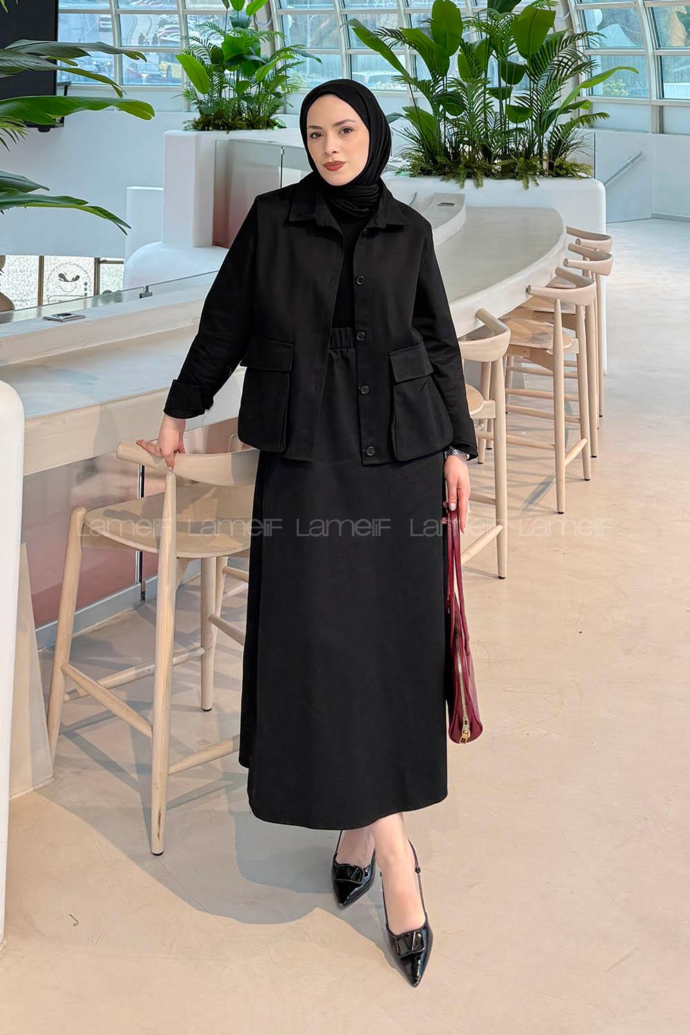 Black Shirt Collar Long Arm Gabardin Flare Suit