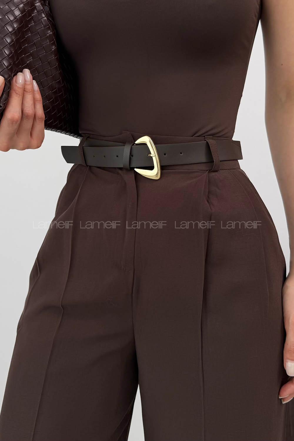 Lamelif Çift Pileli Kemerli Pantolon Acı Kahve