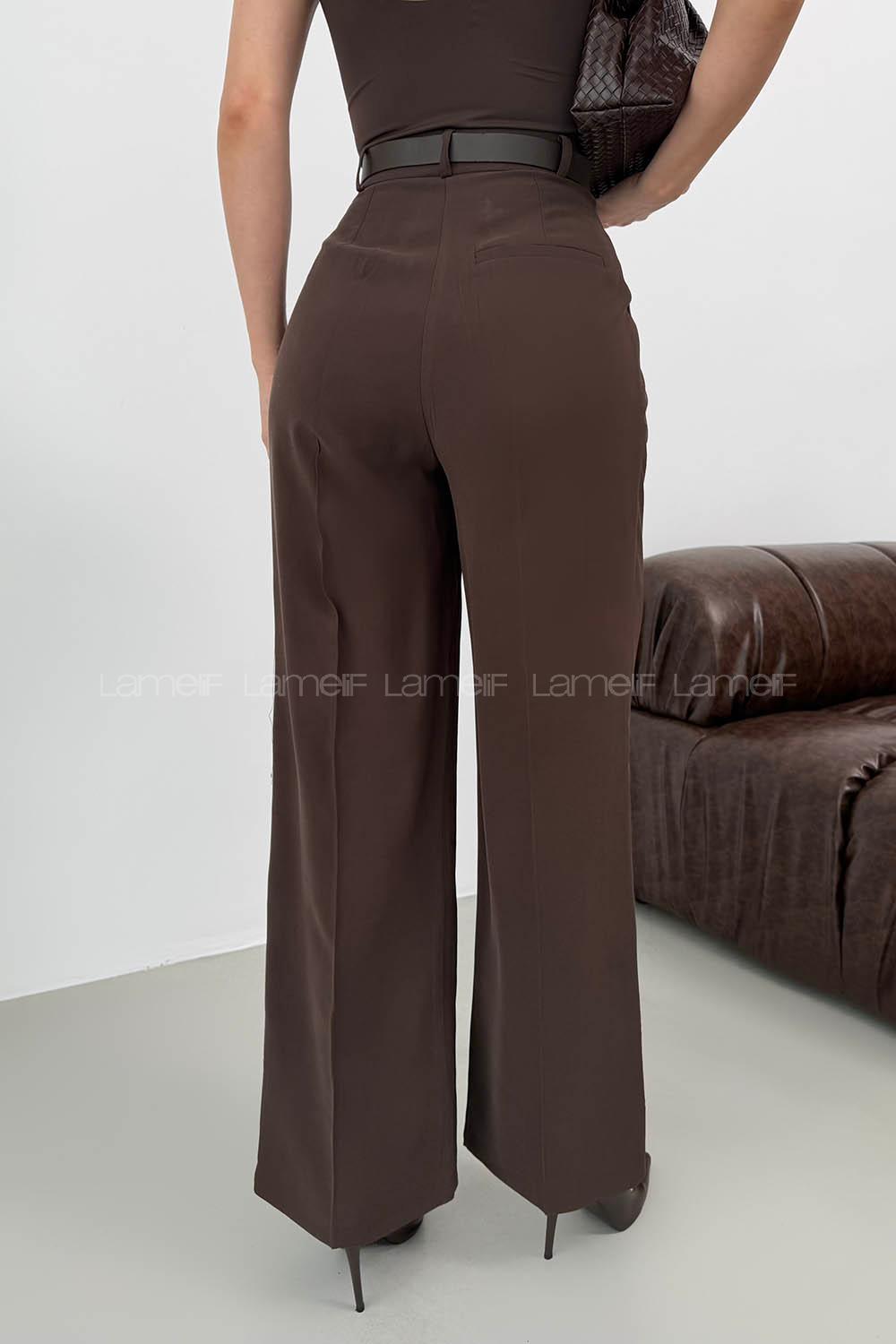 Lamelif Çift Pileli Kemerli Pantolon Acı Kahve
