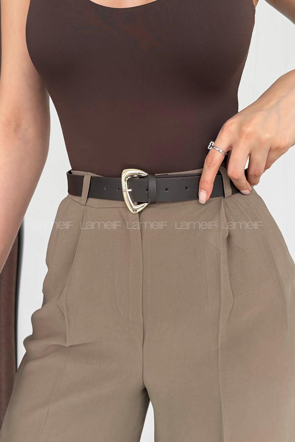 Lamelif Çift Pileli Kemerli Pantolon Haki