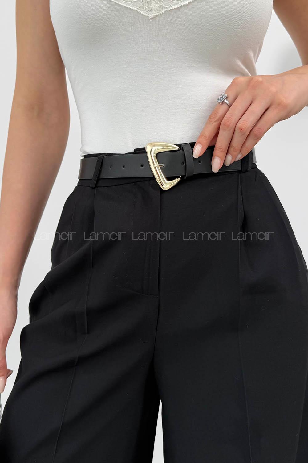 Lamelif Çift Pileli Kemerli Pantolon Siyah