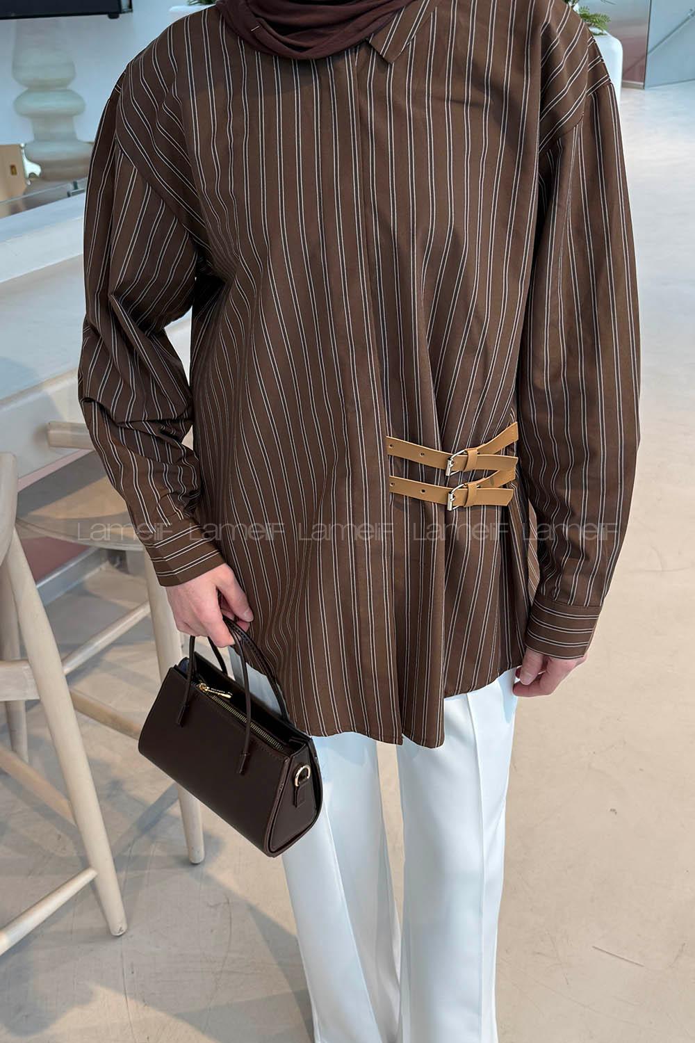 Lamelif Çizgili Kemer Detaylı Gömlek Acı Kahve