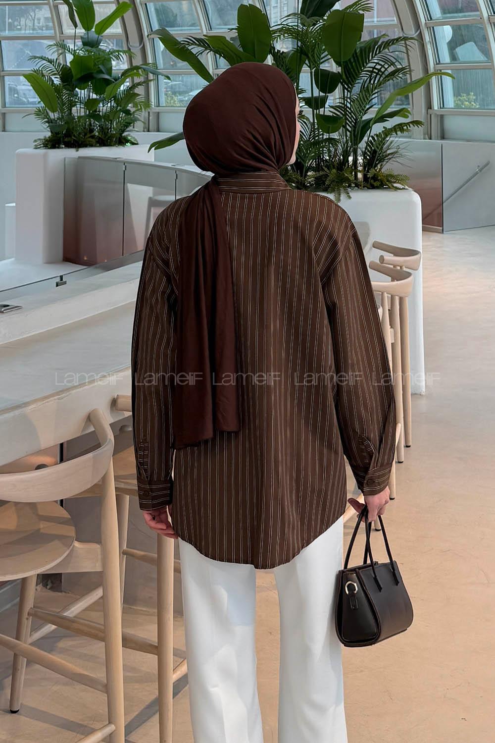 Lamelif Çizgili Kemer Detaylı Gömlek Acı Kahve
