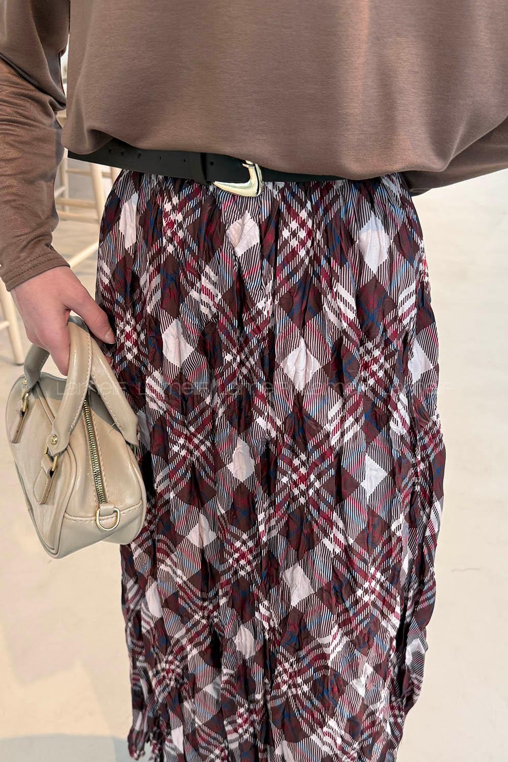 Lamelif Dijital Kraş Etek Bordo Bej