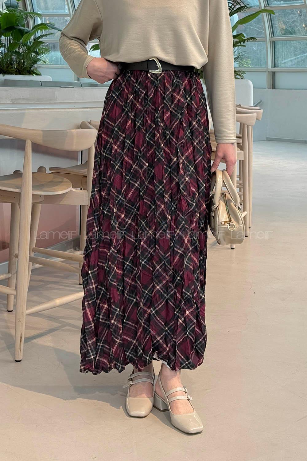 Lamelif Dijital Kraş Etek Bordo Siyah