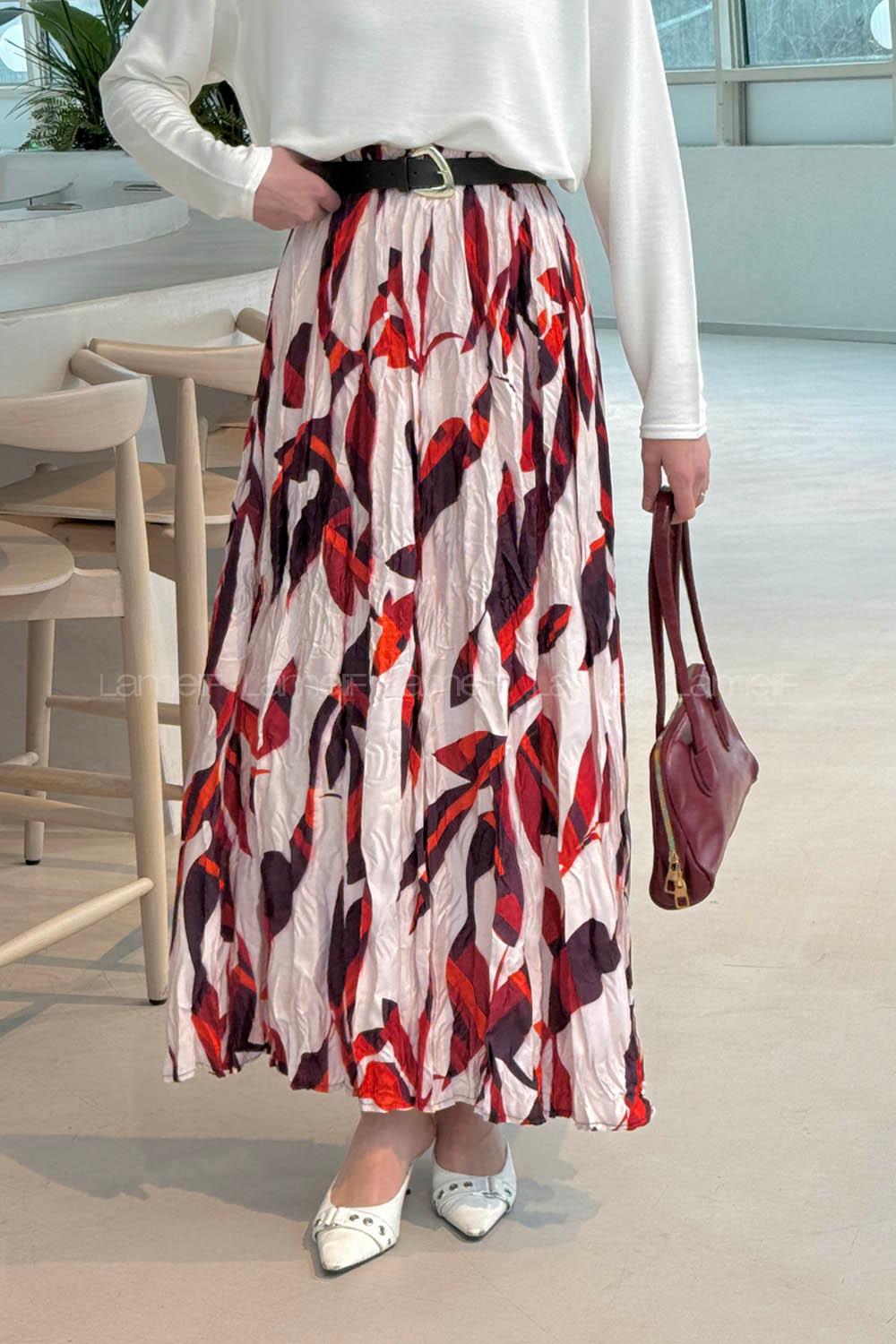 Lamelif Dijital Kraş Etek Ekru Turuncu