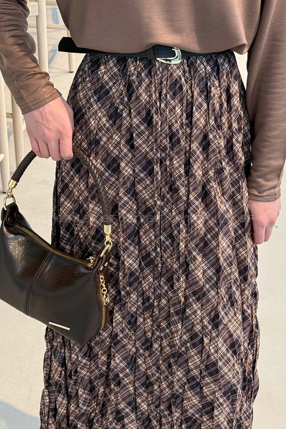 Lamelif Dijital Kraş Etek Kahverengi Bej