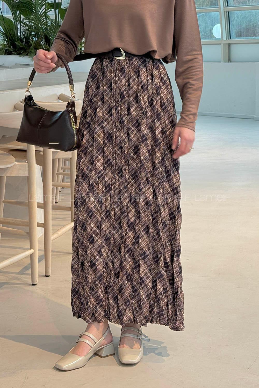 Lamelif Dijital Kraş Etek Kahverengi Bej