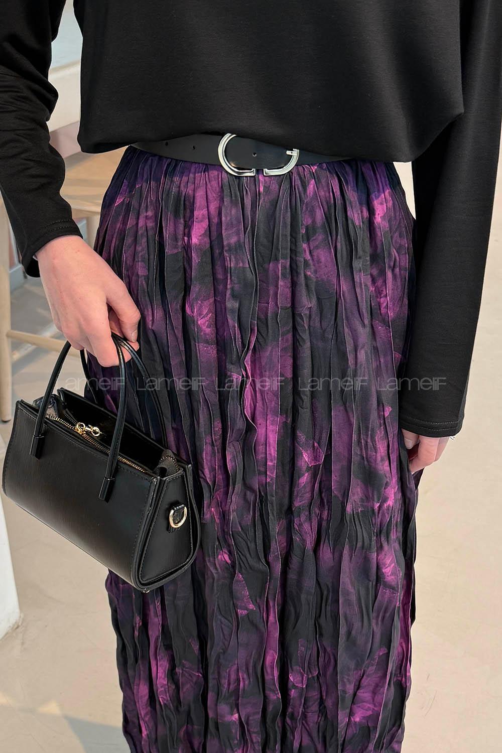 Lamelif Dijital Kraş Etek Mor