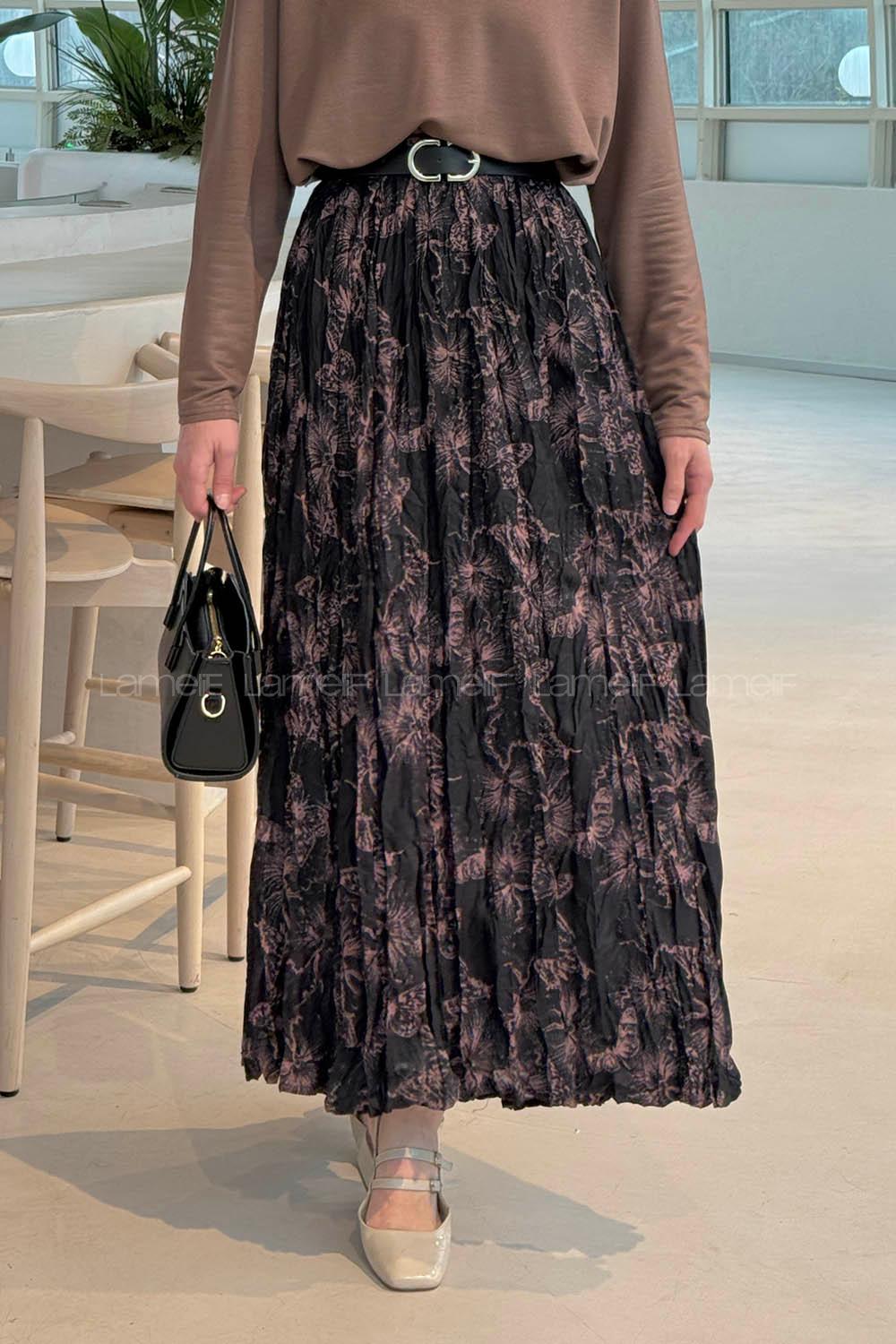 Lamelif Dijital Kraş Etek Siyah Kahverengi