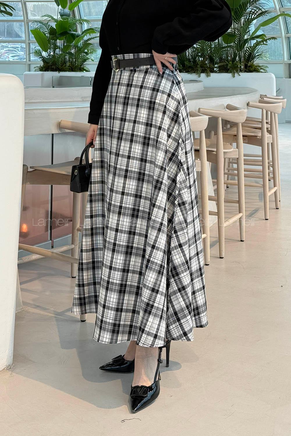 Lamelif Ekose Tesettür Etek Beyaz-Siyah