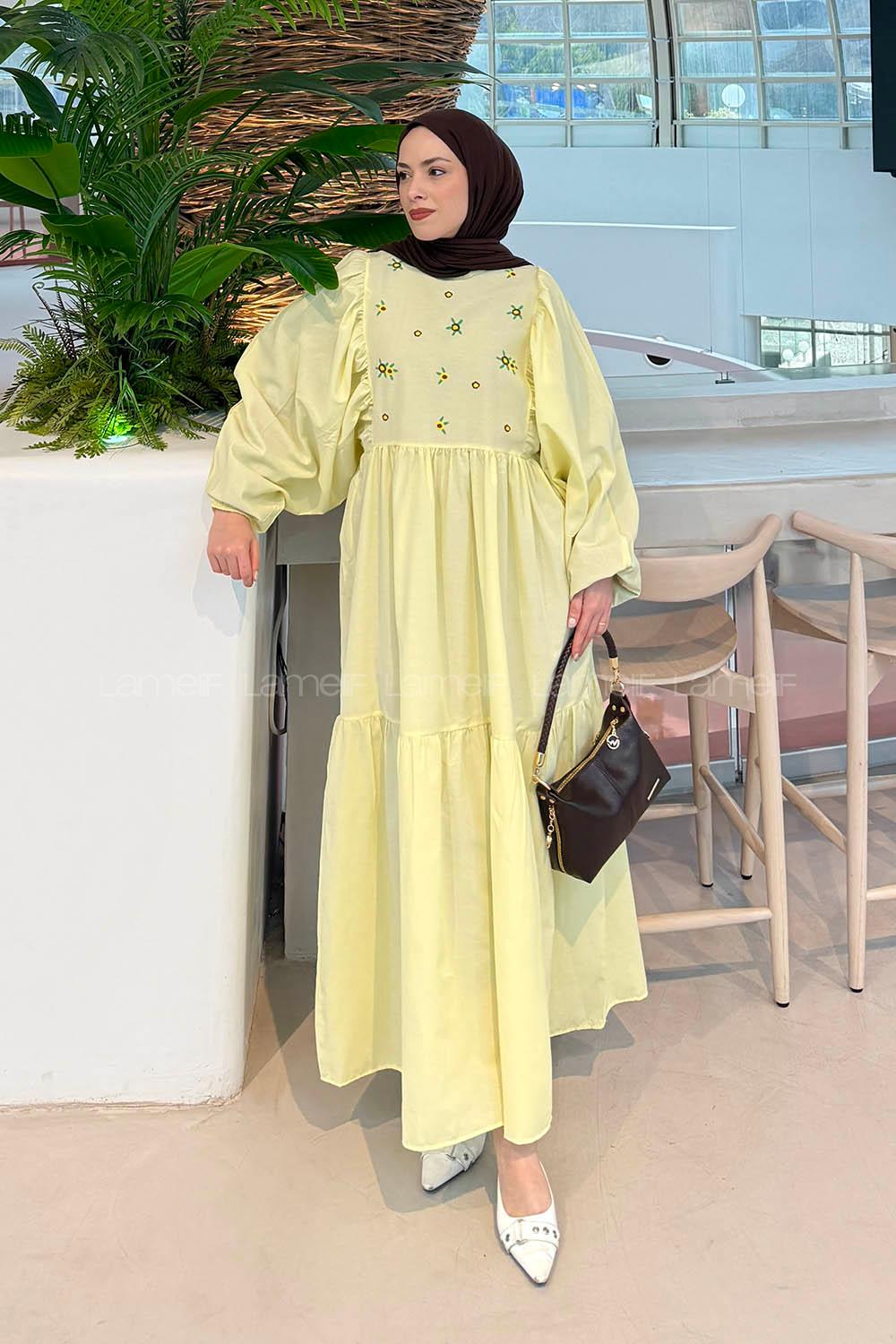 Lamelif Elica Tesettür Elbise Sarı