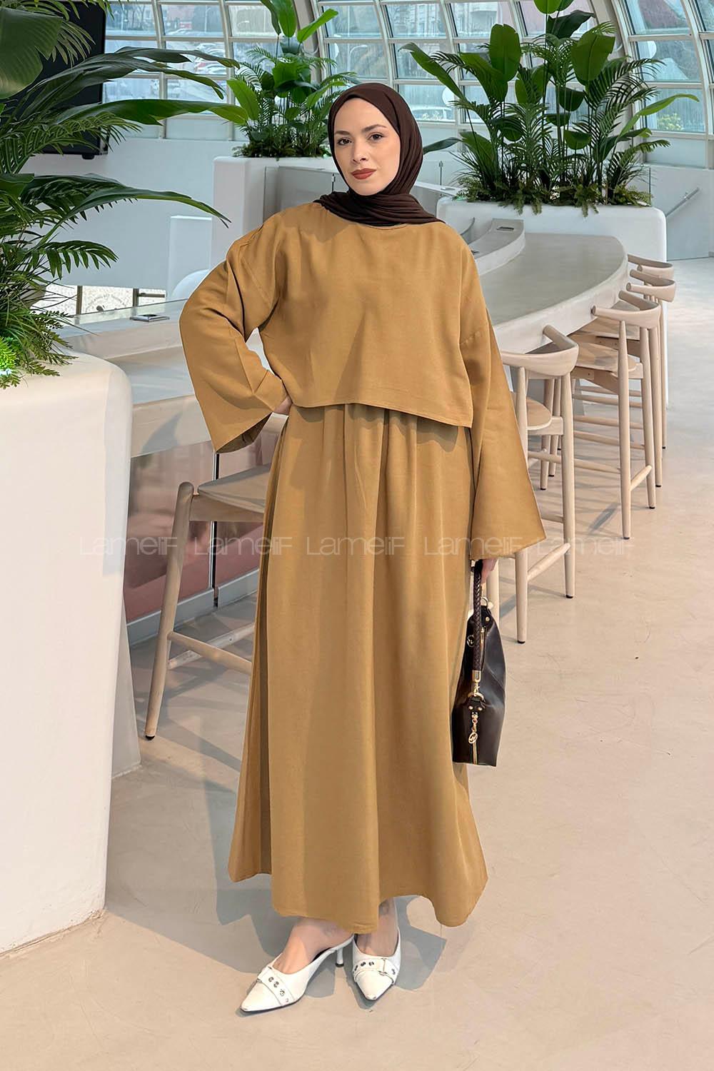 Lamelif Etekli Tesettür Takım Camel
