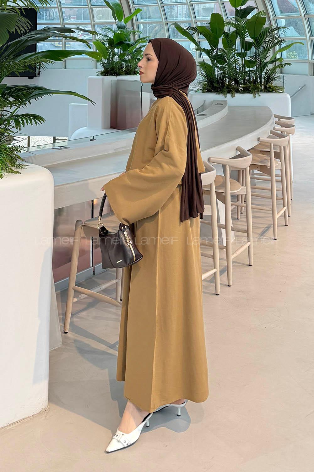 Lamelif Etekli Tesettür Takım Camel