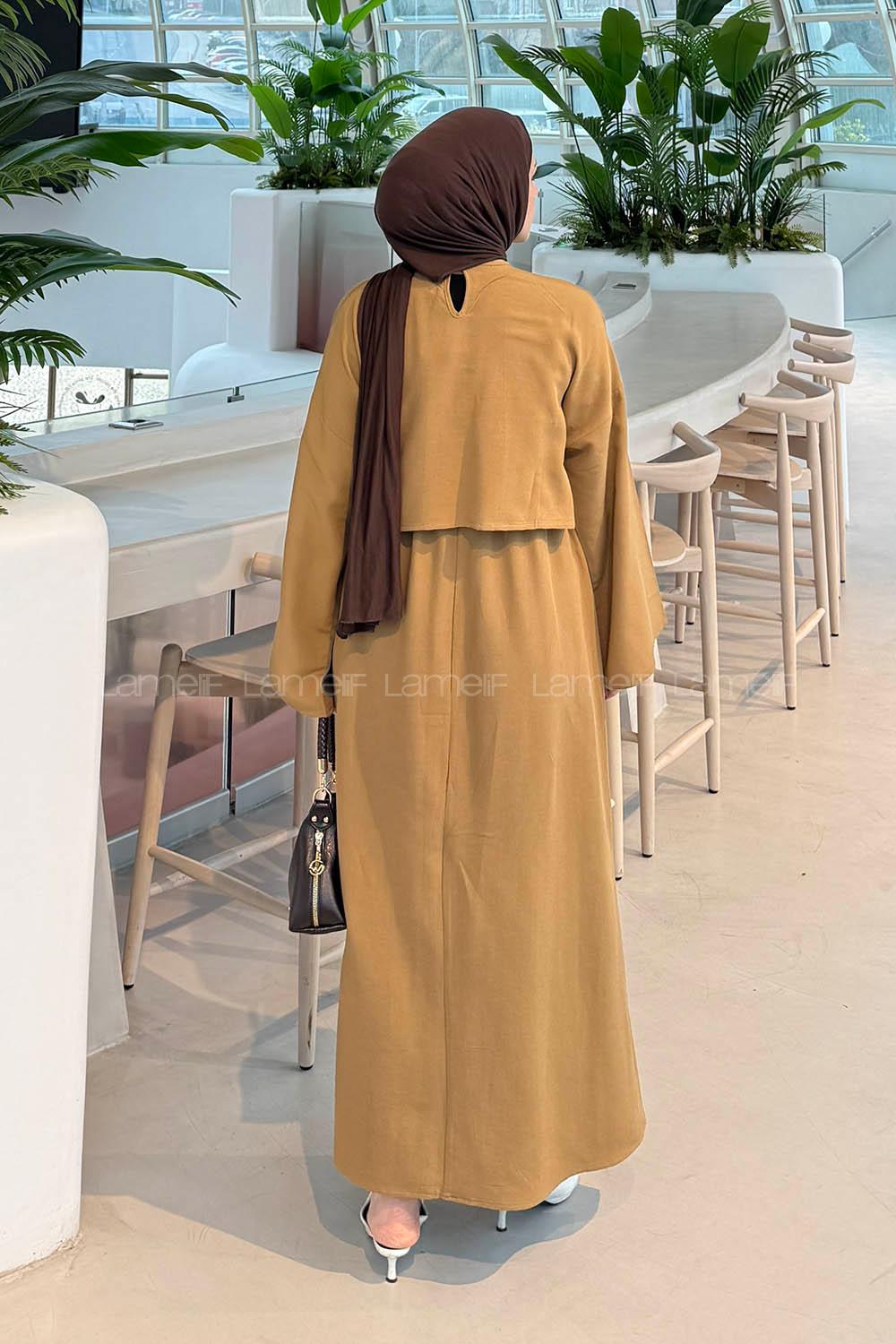 Lamelif Etekli Tesettür Takım Camel