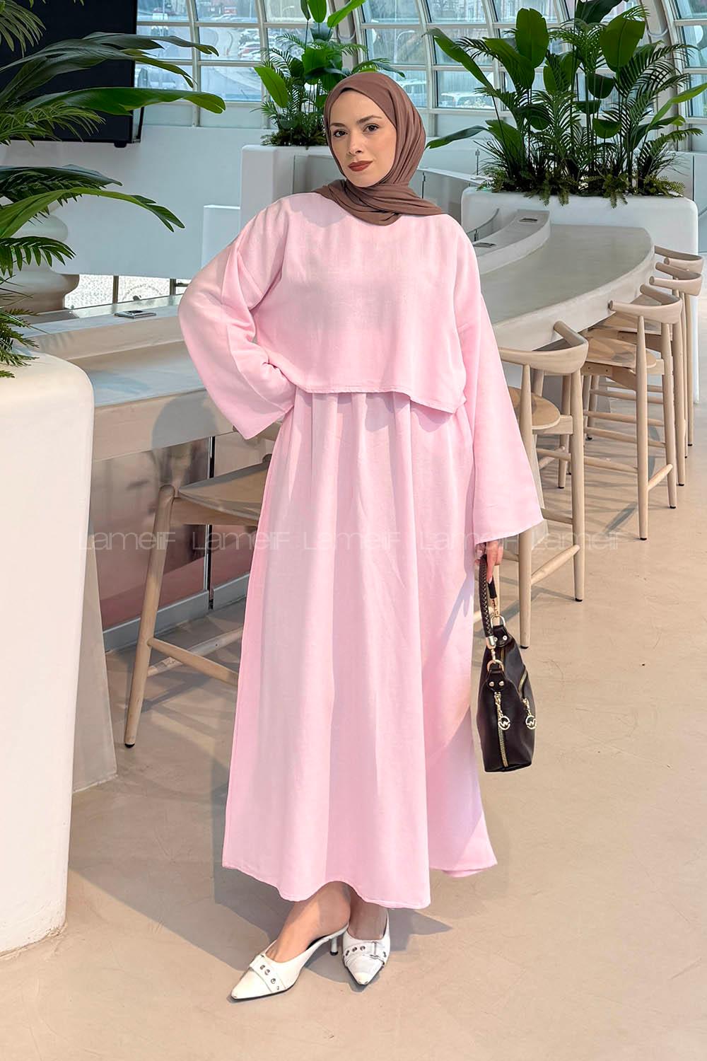 Lamelif Etekli Tesettür Takım Pembe